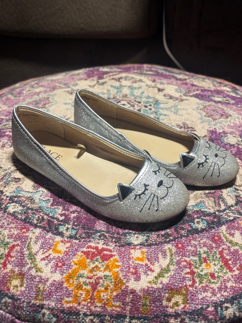 Children’s Place Girls Glitter Cat Face Ballet Flats, Silver, Size 13